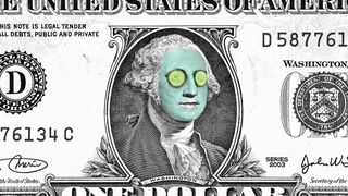 Illustration of George Washington and a dollar bill wearing a blue clay face mask and cucumber slices over his eyes